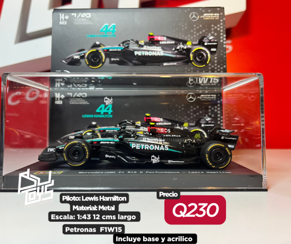 Bburago 1:43 AMG Petronas Formula 1 Team F1W15 #44 Lewis Hamilton in Acrylic Case with Seated Driver – Formula Racing