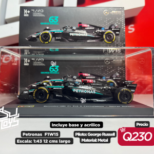 Bburago 1:43 AMG Petronas Formula 1 Team F1W15 #63 George Russell in Acrylic Case with Seated Driver – Formula Racing