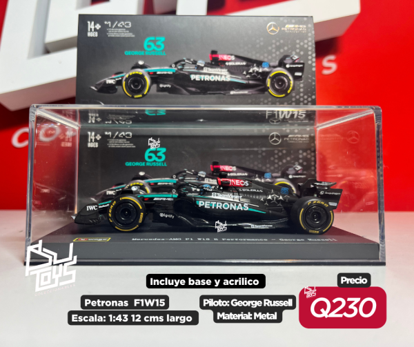 Bburago 1:43 AMG Petronas Formula 1 Team F1W15 #63 George Russell in Acrylic Case with Seated Driver – Formula Racing