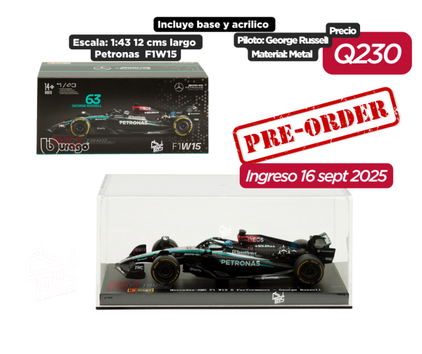 PRE ORDEN Bburago 1:43 AMG Petronas Formula 1 Team F1W15 #63 George Russell in Acrylic Case with Seated Driver – Formula Racing